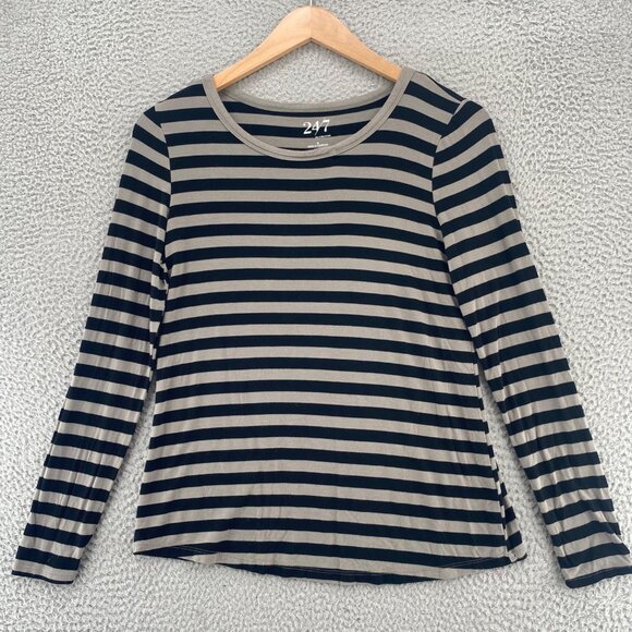 Maurices Top Womens Small Gray Black Striped 24/7 Long Sleeve Stretch Pullover* - Picture 1 of 11